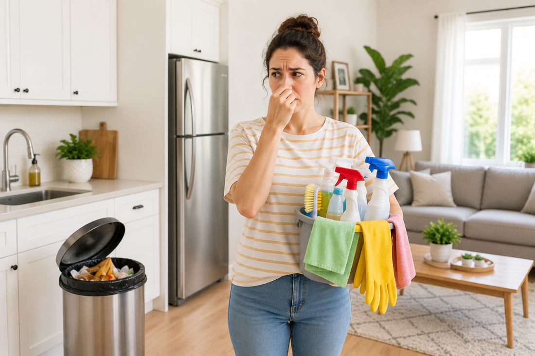 Woman standing in a clean home looking confused about a lingering odor after cleaning while holding cleaning supplies.