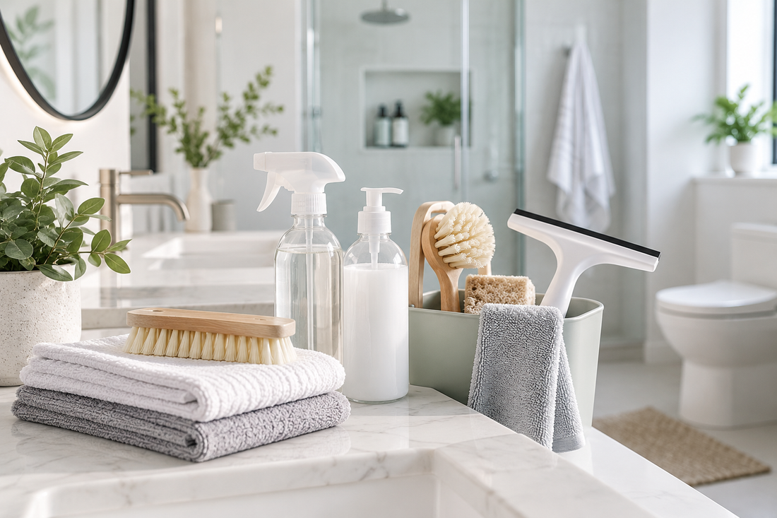 Modern clean bathroom with essential cleaning supplies, microfiber towels, scrub brushes, spray bottles, and practical bathroom cleaning tools arranged neatly on a countertop.