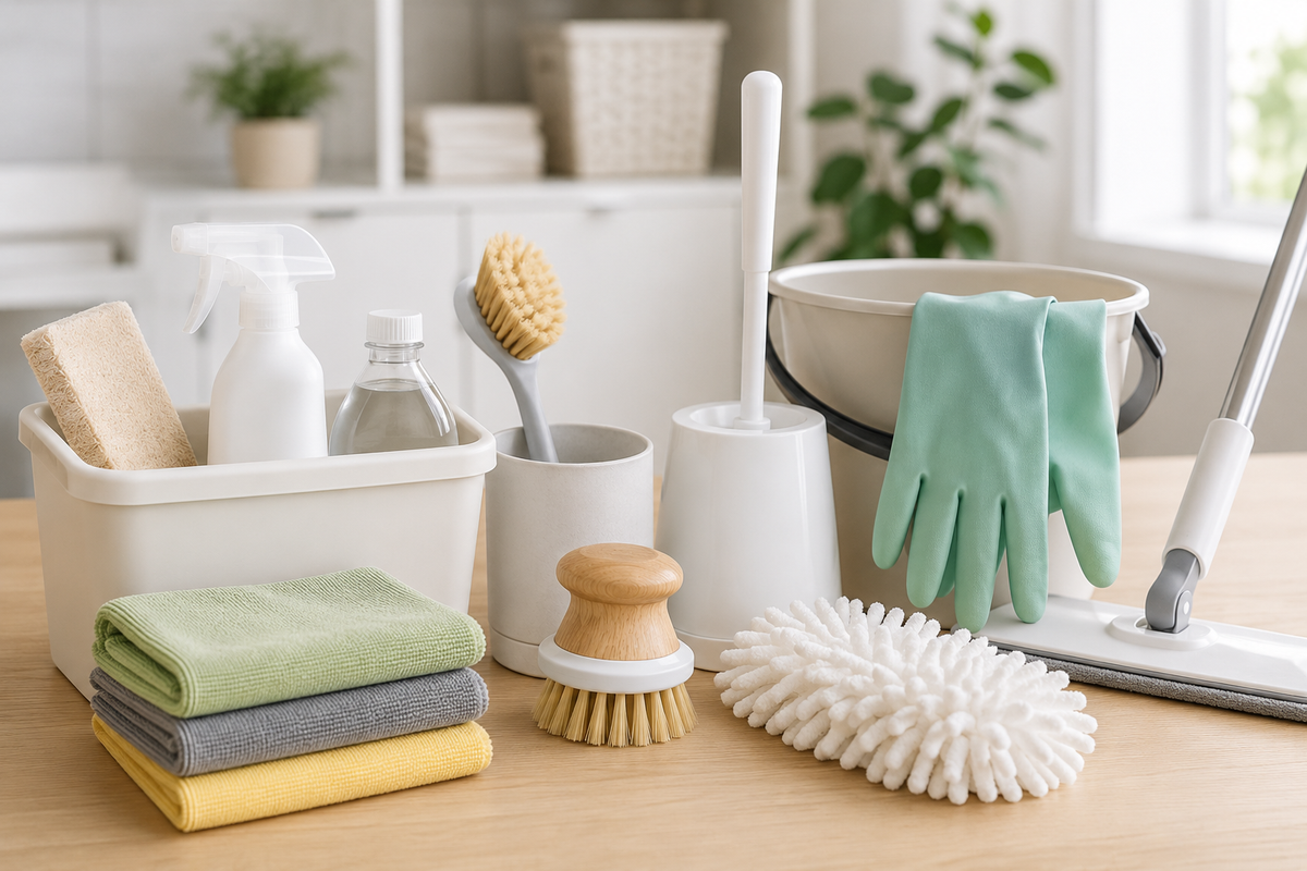 A collection of essential cleaning tools, including microfiber cloths, spray bottles, scrub brushes, rubber gloves, a mop, and a bucket, neatly arranged on a table in a bright, modern home.