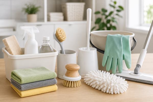 A collection of essential cleaning tools, including microfiber cloths, spray bottles, scrub brushes, rubber gloves, a mop, and a bucket, neatly arranged on a table in a bright, modern home.
