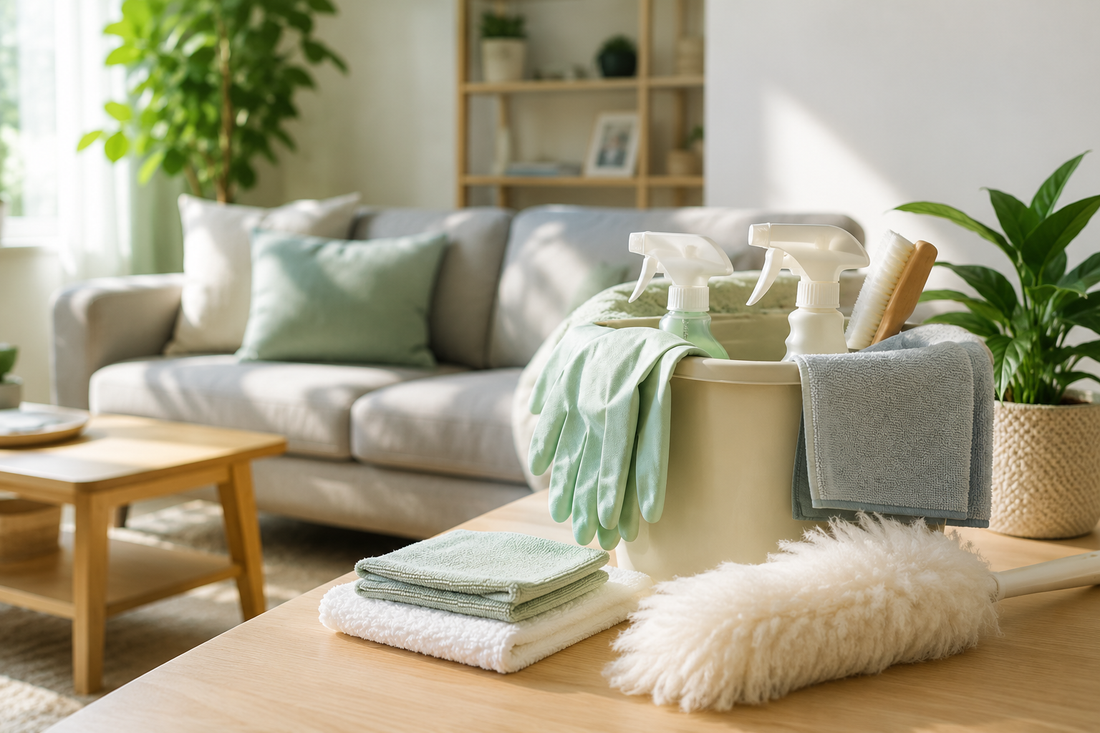 Cleaning supplies, microfiber cloths, dusting tools, and spray bottles arranged in a bright and clean modern living room.