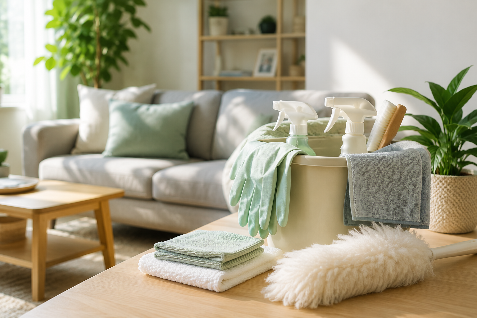 Cleaning supplies, microfiber cloths, dusting tools, and spray bottles arranged in a bright and clean modern living room.
