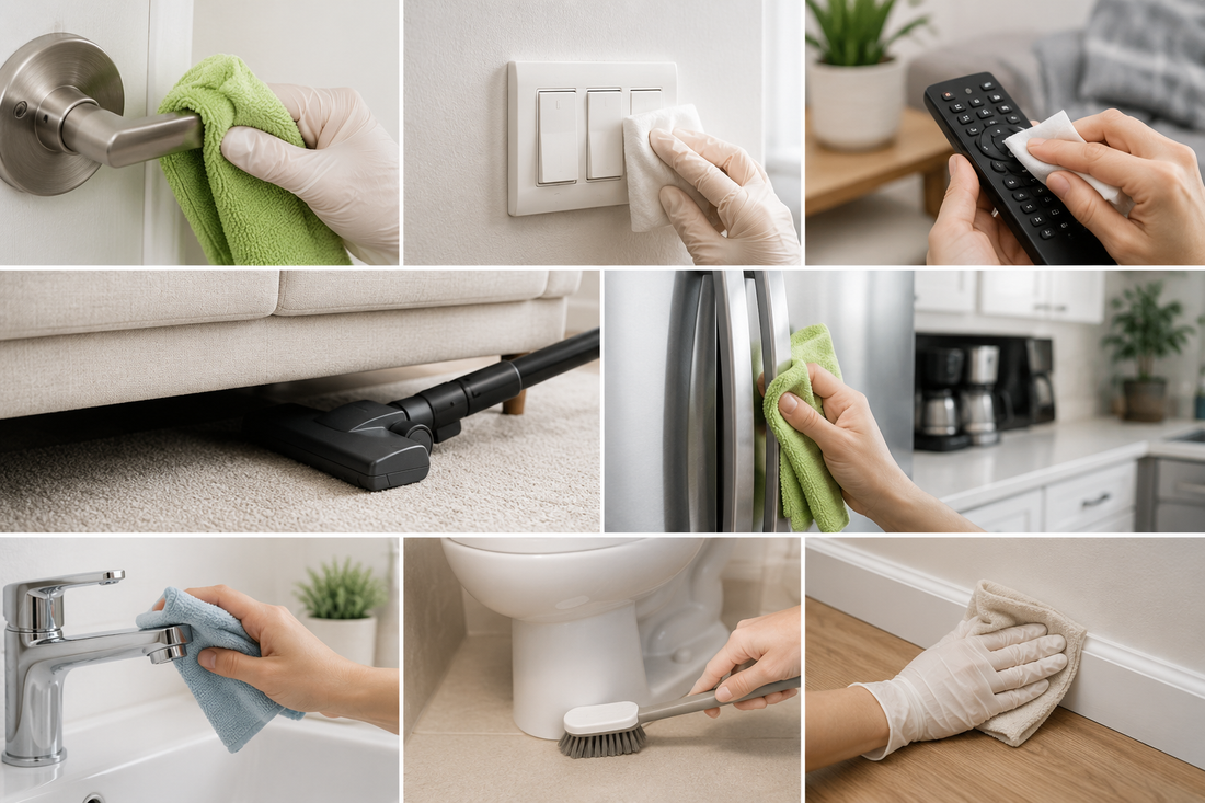 Overlooked areas in a home being cleaned, including door handles, light switches, remote controls, under furniture, kitchen appliances, bathroom fixtures, and baseboards