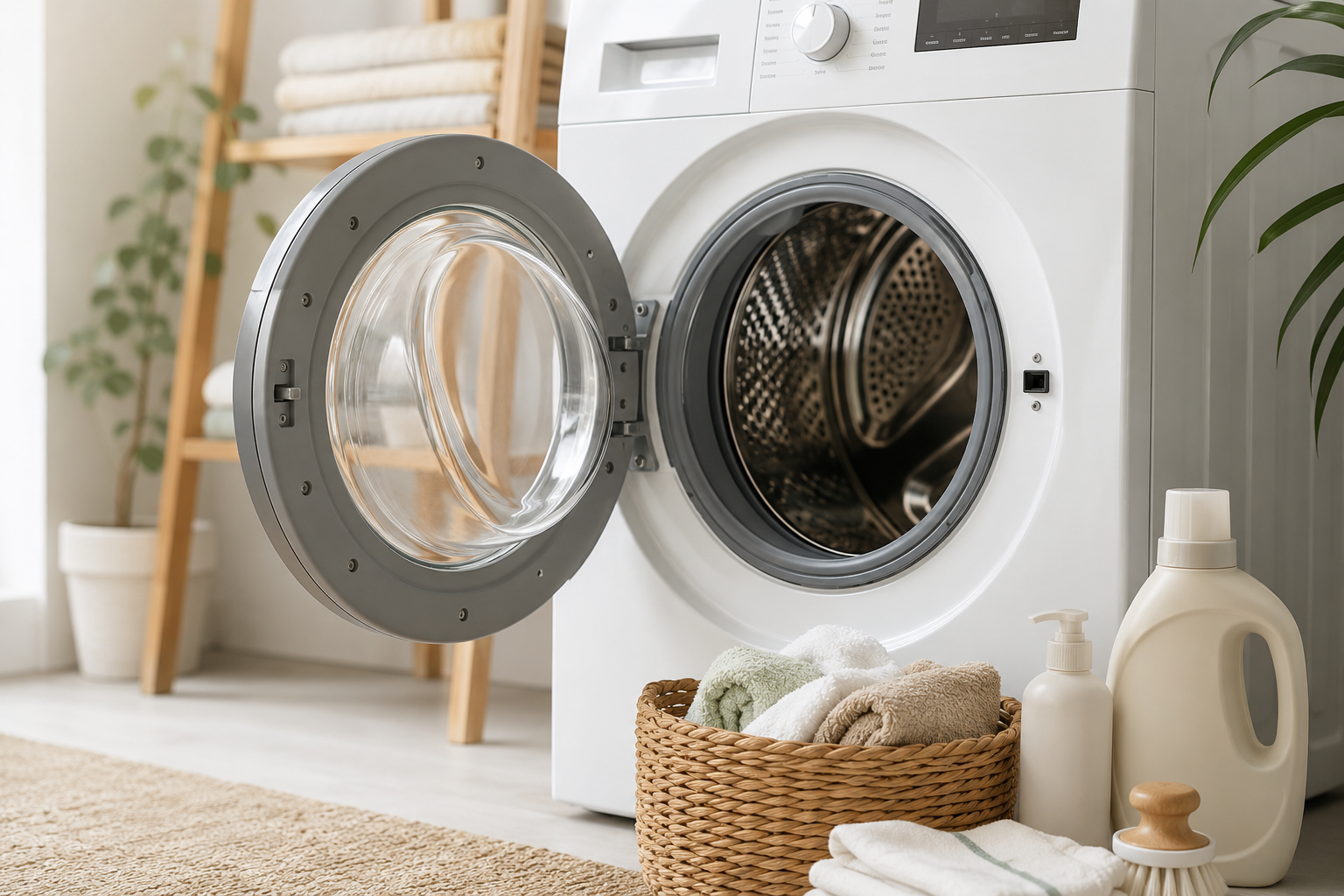 Clean white front-loading washing machine with open door in a bright laundry room, showing a fresh and organized space for washing machine cleaning and maintenance