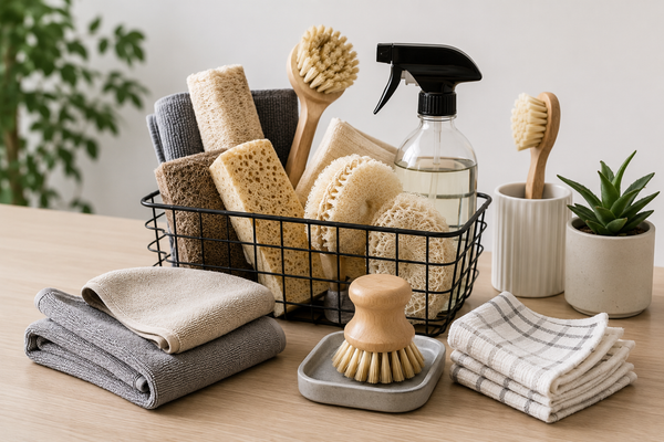 A neatly organized collection of cleaning tools, including microfiber cloths, scrub brushes, sponges, and a spray bottle, arranged on a modern countertop for effective home cleaning.
