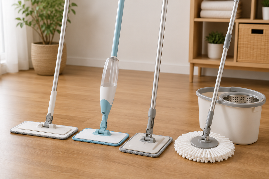 Different types of mops including microfiber, flat, spray, and spin mops for home floor cleaning