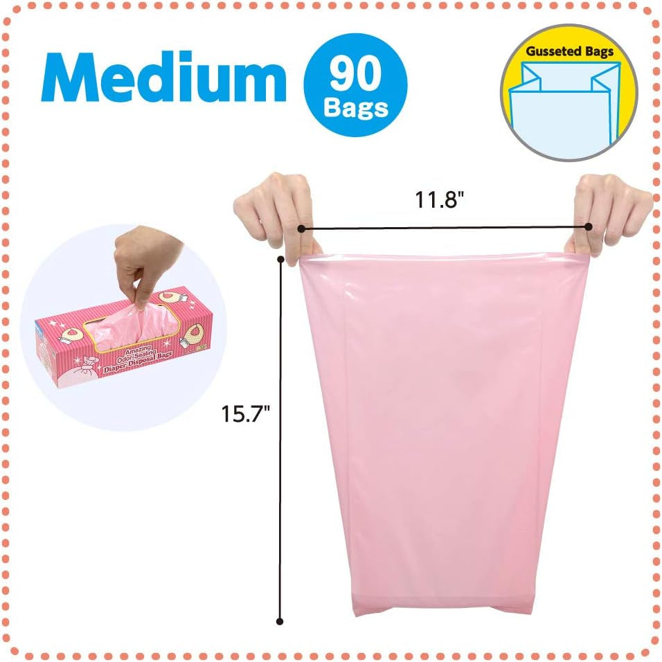 Amazing Odor Sealing Baby Diaper Disposal Bags - Durable and Unscented [Size: M, Color: Pink] (90 Count, Pack of 2) (180 Bags)