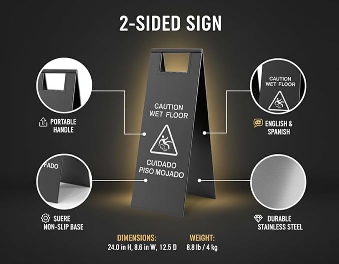 2 Pcs Wet Floor Sign, 24 Inch Black Stainless Steel Caution Wet Floor Sign - Image 2