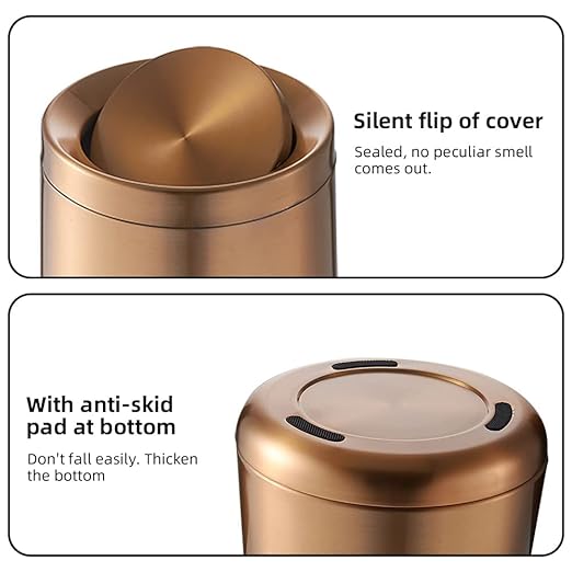 10 L/2.6Gallen, Swing Lid Gold Brass Trash Can, Brushed Nickel Garbage Can - Image 3