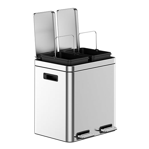 2 x 4 Gal Trash Can, Stainless Steel Triple Compartment Step-On Recycling Bin by Unknown