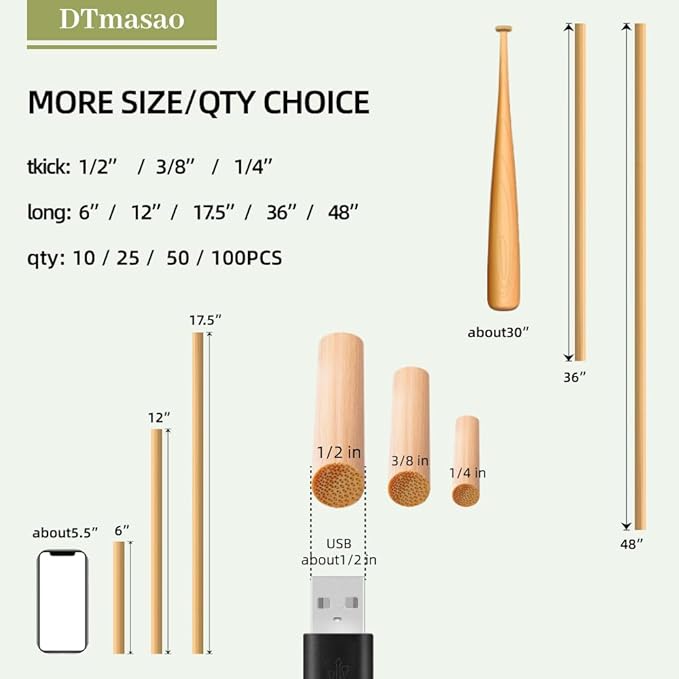 3/8 x 6 Inch 50 PCS Dowel Rods Wood Sticks Wooden Dowel Rods - Image 6