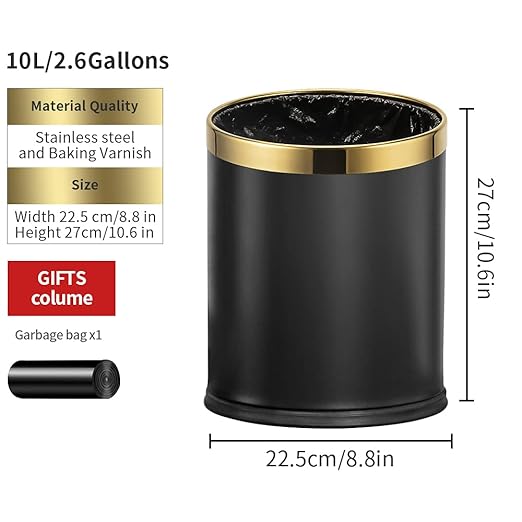 10L/2.6GAL Black and Gold Open Top Trash Can - Image 3