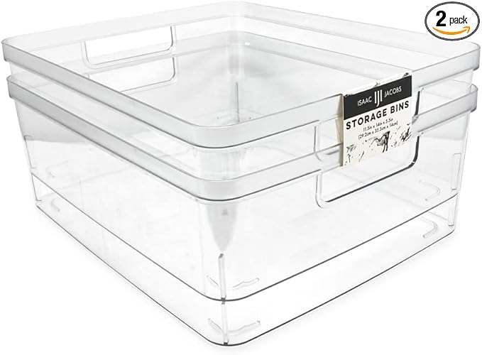 Isaac Jacobs 2-Pack Large Clear Storage Bins w/Cutout Handles, Plastic Organizer by IsaacJacobs