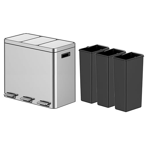 3 x 5.3 Gal Trash Can, Stainless Steel Triple Compartment Step-On Recycling Bin - Image 5