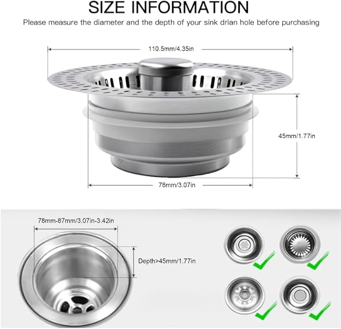 3 in 1 Kitchen Sink Drain Strainer Stopper, Stainless Steel Pop Up Sink Stopper - Image 5
