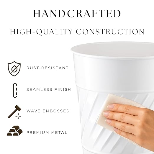 Monarch Abode White Handcrafted Wave Embossed Metal Wastebasket - Image 3