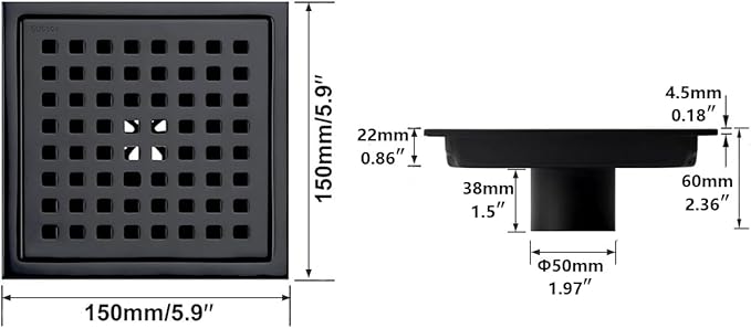 RANDOM Matte Black Square Shower Drain 6 Inch Drain Cover 304 Stainless Steel - Image 2