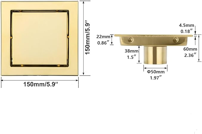 RANDOM Brushed Gold Shower Drain Square 6 inch SUS304 Stainless Steel Shower - Image 2