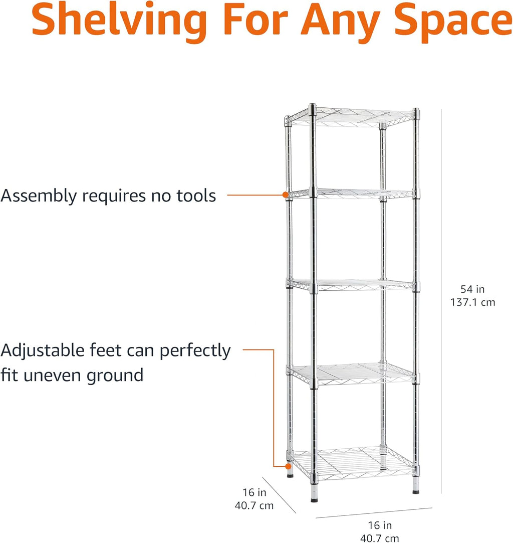 5-Shelf Tower Adjustable Storage Shelving Unit, Chrome, 16" X 16" X 54", 150 Lbs per Shelf
