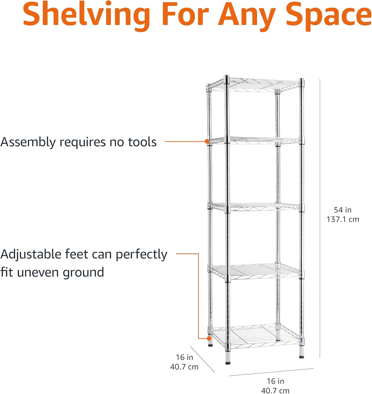 5-Shelf Tower Adjustable Storage Shelving Unit, Chrome, 16" X 16" X 54", 150 Lbs per Shelf