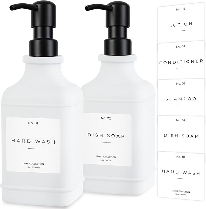 Emerson Essentials Glass Soap Dispenser Set – 16 oz 2-Pack – Refillable Dish & by Emerson+Essentials
