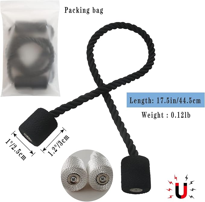 Magnetic Curtain Tiebacks 2 Pack Black Curtain Rope Tieback Curtain Holders - Image 2
