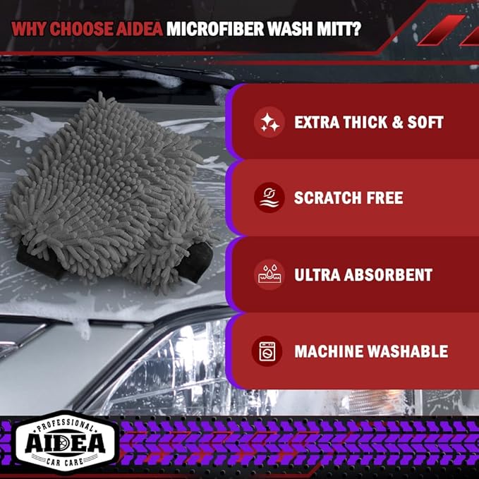 AIDEA Car Wash Mitt Microfiber, 1PK Scratch Free Lint-Free, Premium Chenille - Image 3
