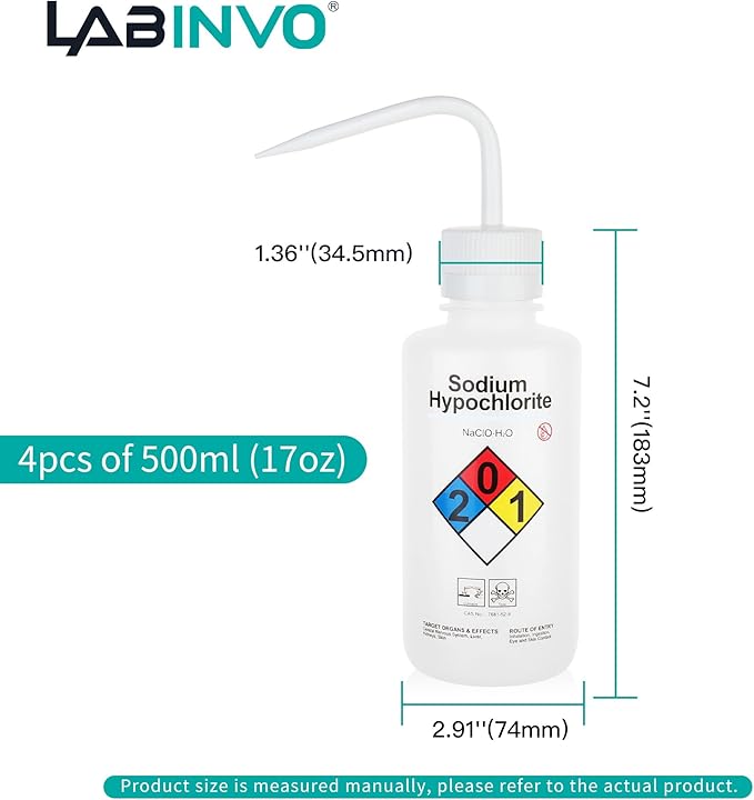 4pcs of Sodium Hypochloride Wash Bottles, Narrow Mouth, Self-Venting Safety - Image 3