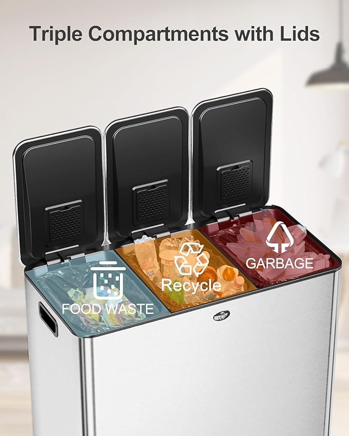 GarveeHome Trash Can 60L/15.9 Gal, Three Compartments Pedal Kitchen Recycling - Image 2