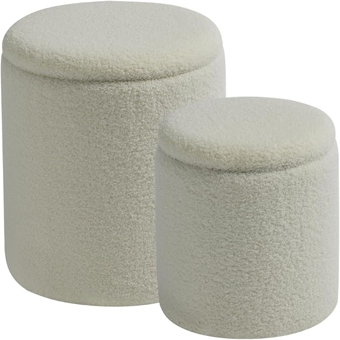 Round Ottoman with Storage Set of 2-Upholstered Sherpa Vanity Stool by HomePage