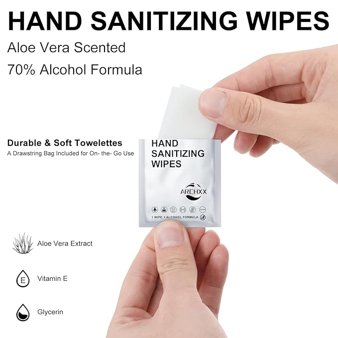 Premium Hand Sanitizing Wipes, Aloe Vera Scent, 70% Alcohol, Individually - Image 8