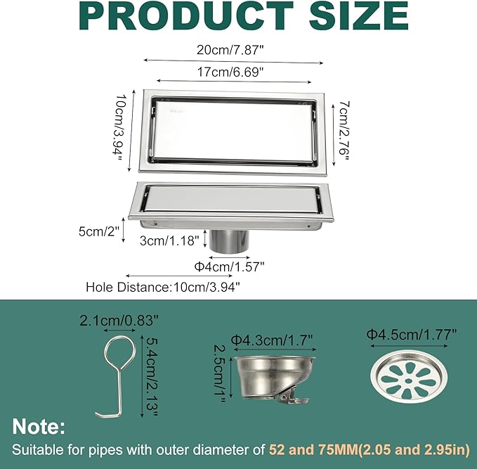 uxcell Rectangular Shower Drain, Brushed 304 Stainless Steel Odor-Proof Floor - Image 2