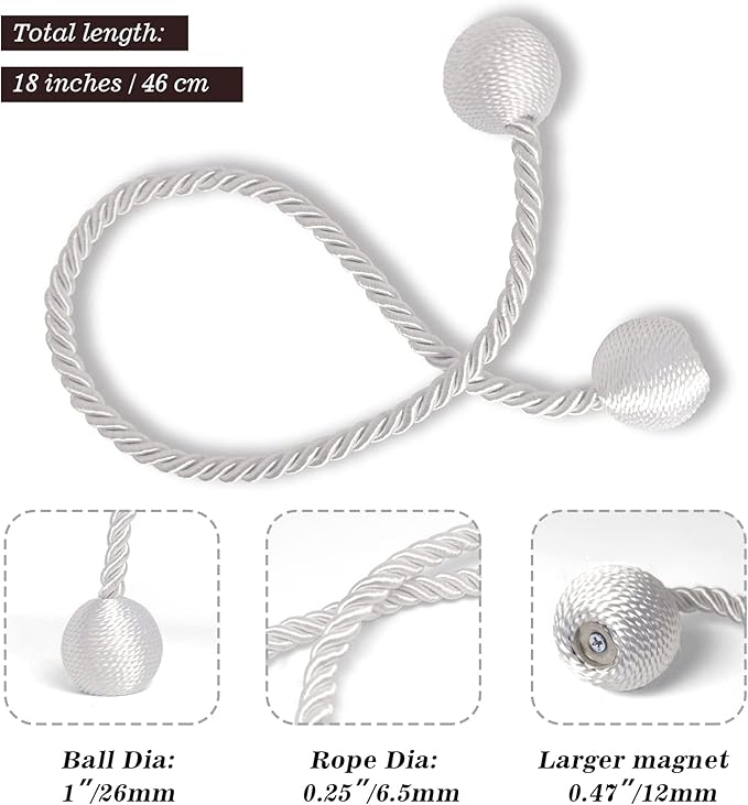 Hion Magnetic Curtain Tiebacks White 4 Pack, Curtain Tiebacks Buckles Holdbacks - Image 2
