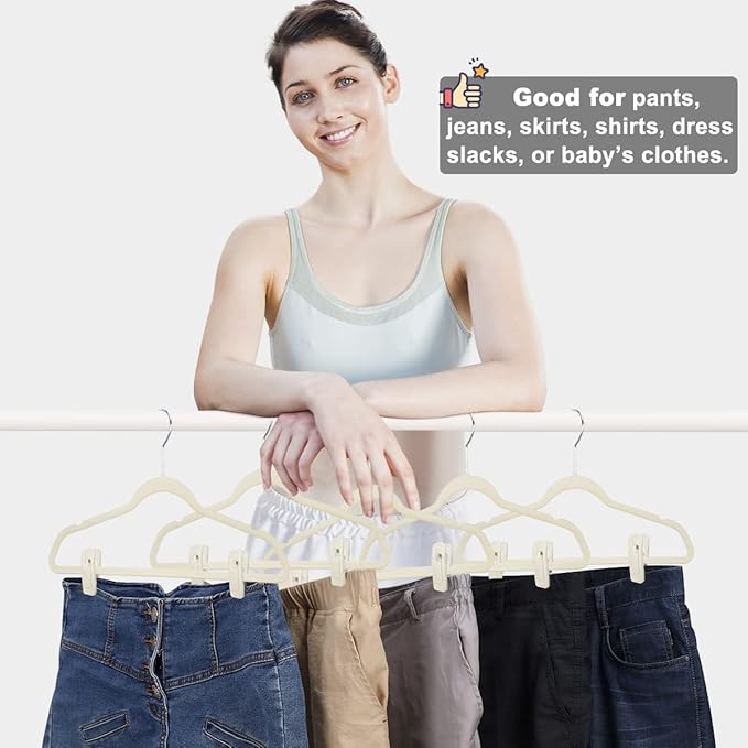 Beige Velvet Hangers, Non-Slip Velvet Clips - Image 5