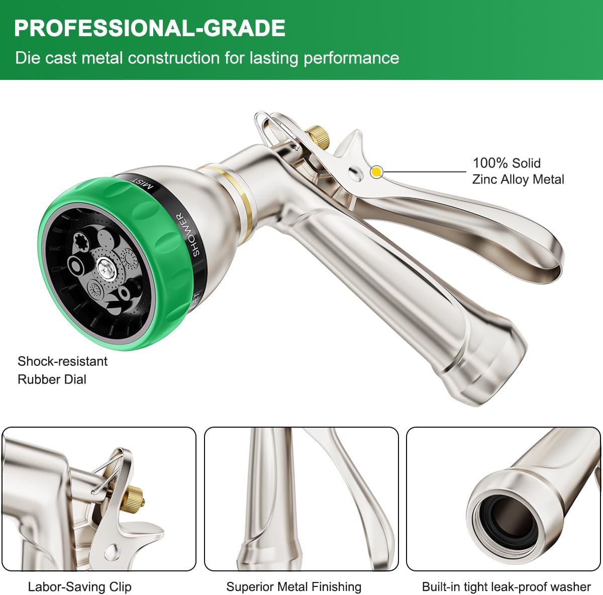 Upgraded 100% Metal Garden Hose Nozzle Heavy Duty, 7 Spray Patterns