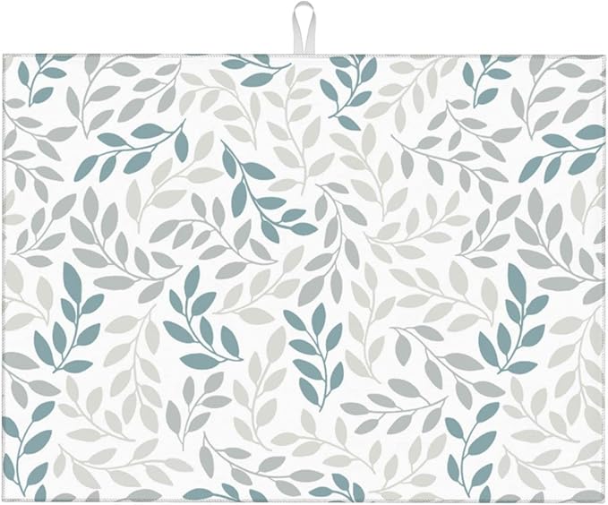 Grey And Blue Leaves Branches Microfiber Absorbent Reversible Dish Drying Mat by GOCGRVOfficialOnline