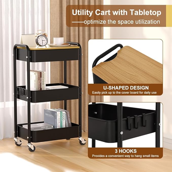 3 Tier Metal Utility Cart, Rolling Storage Cart - Image 3