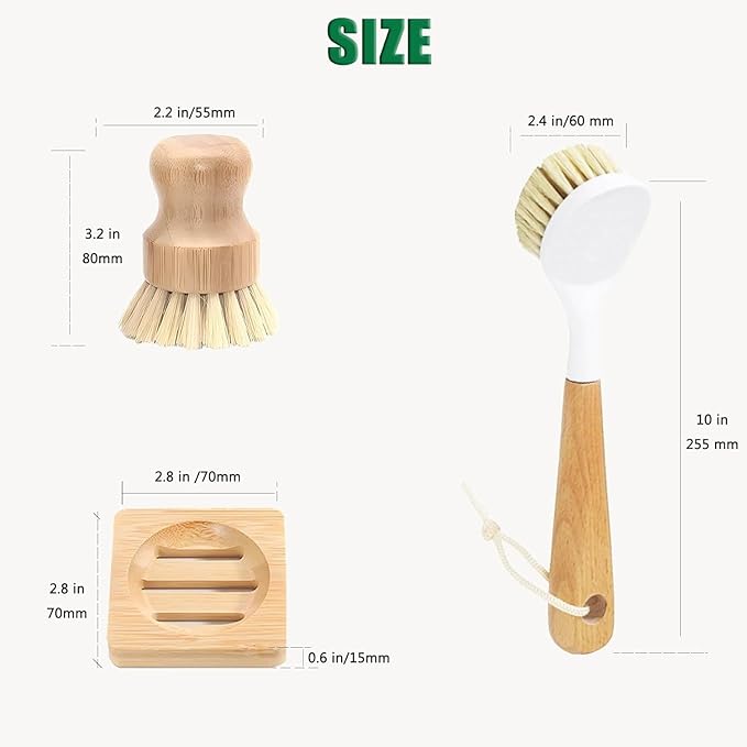 Natural Bristle Dish Brush Set, 1 Wooden Dish Brush and 1 Bamboo Dish Brush - Image 9