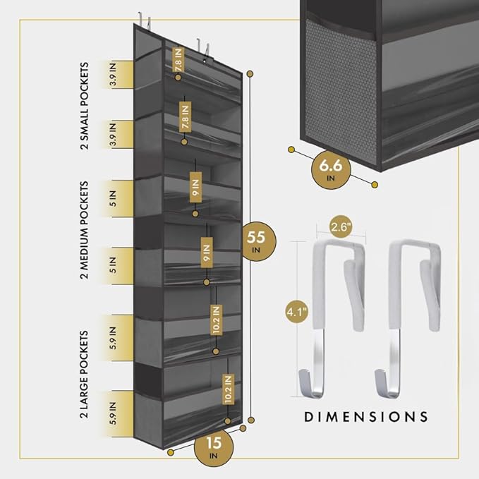 HOMELUX THEORY 1PC Heavy Duty Over the Door Organizer 55x14x6.7, 6 Large Front - Image 2