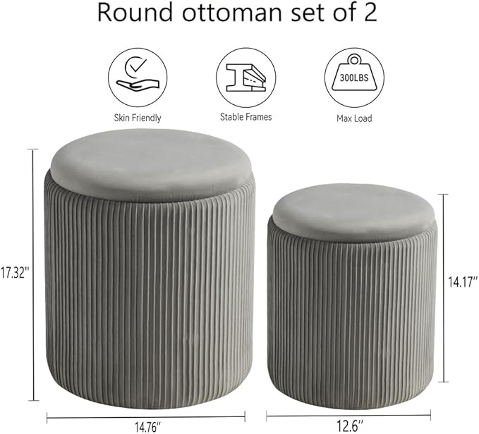 Round Ottoman with Storage Set of 2-Upholstered Velvet Vanity Stool - Image 2