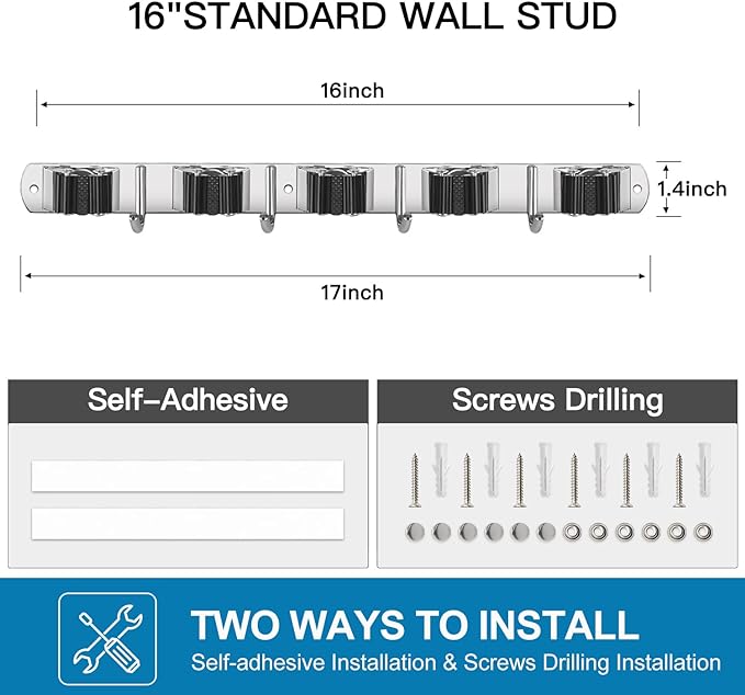 IMILLET 2 Pack Wall Mount Broom Holder Stainless Steel 5 Racks - Image 6