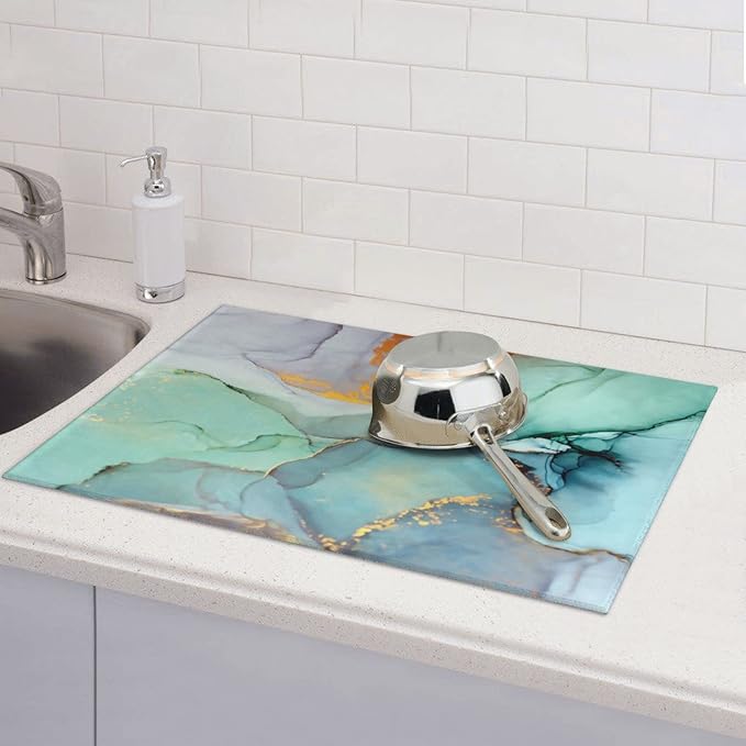 Teal Marble Golden Swirls Pattern Dish Drying Mats - Image 7