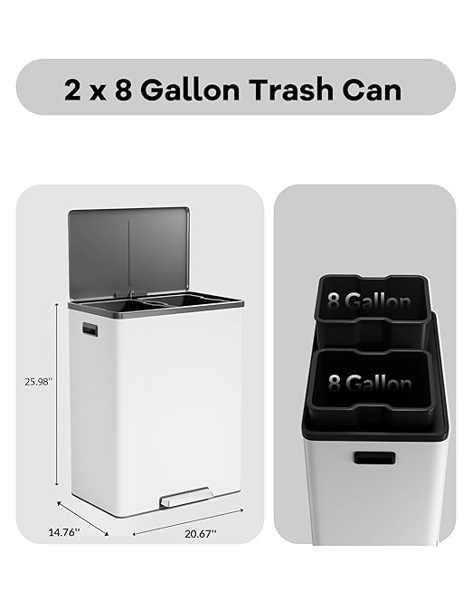 Garvee Dual Trash Can for Recycling and Trash, 2 x 30 L Stainless Steel Kitchen - Image 5