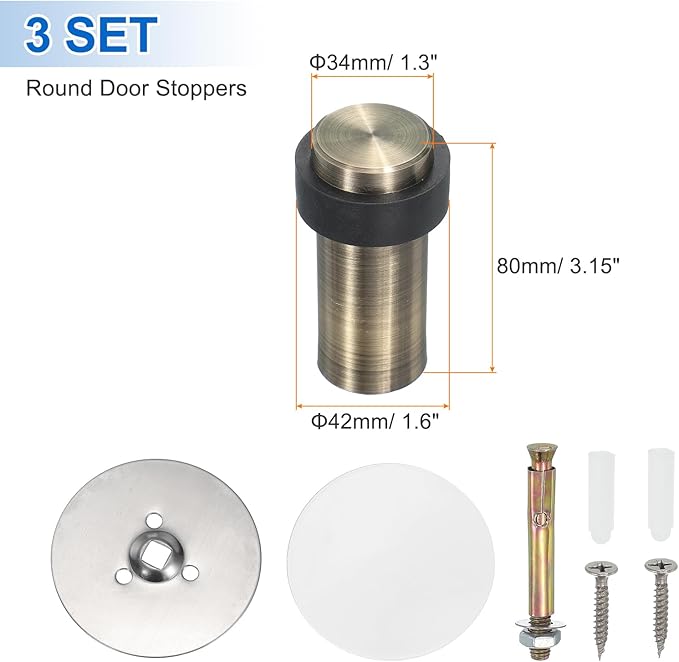 PATIKIL 3Set Round Door Stoppers, 80mm Stainless Steel Door Stop Doorstop Wedge - Image 2