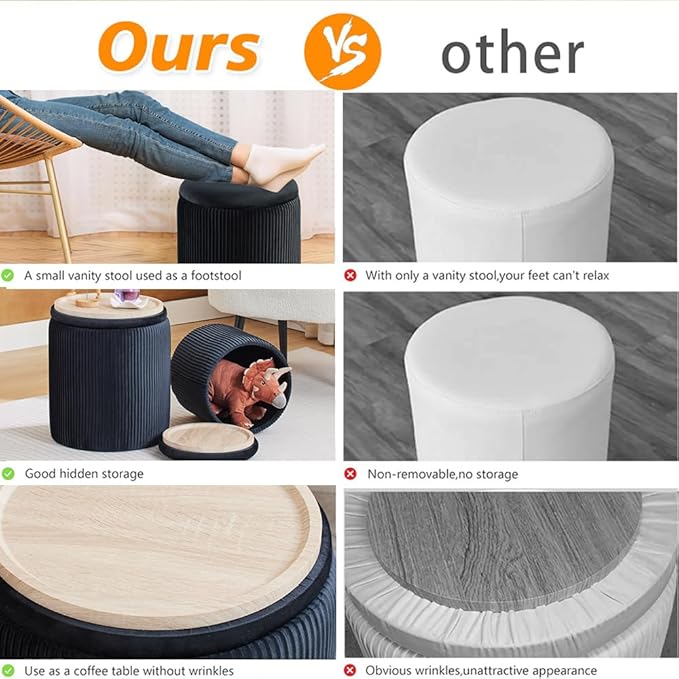 Round Ottoman with Storage Set of 2-Upholstered Velvet Vanity Stool - Image 5