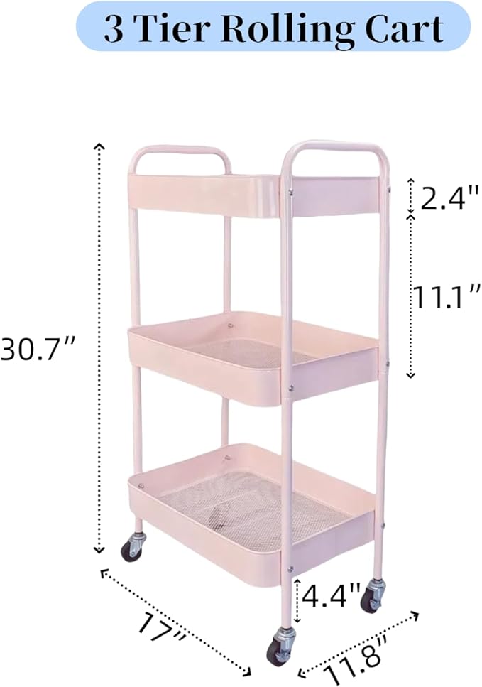 3 Tier Pink Rolling Cart for Nursery & Laundry Room - Image 5