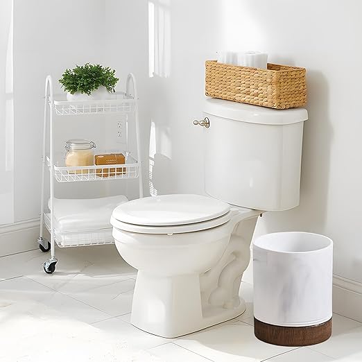 Polytree White Marble and Brown Wood Round Wastebasket, Resin Small Round - Image 5
