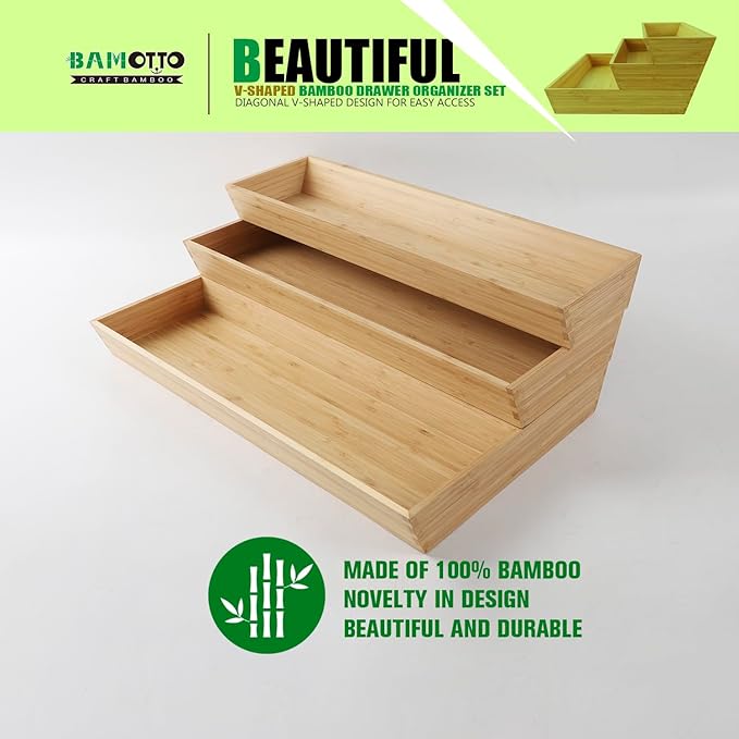 V-Shaped Bamboo Drawer Organizer Set of 3, Kitchen Large and Long Utensil Plate - Image 4