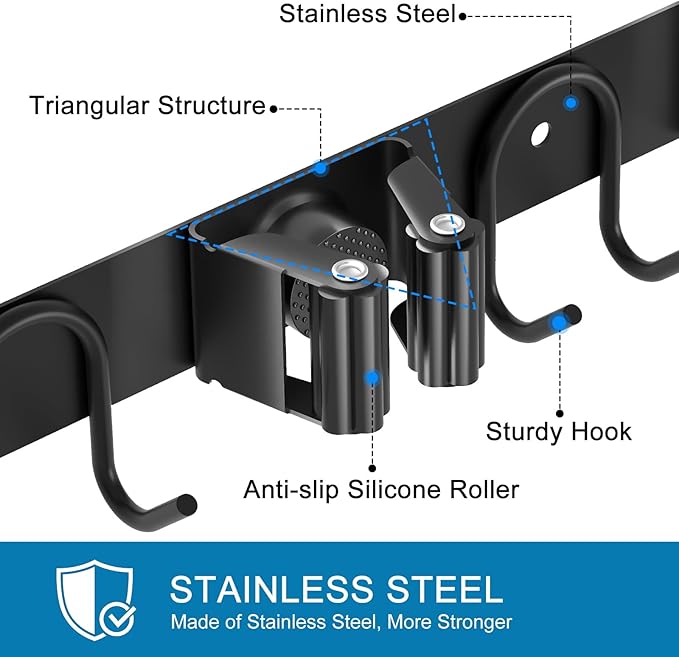 Broom Holder Wall Mount, 2 Packs Black Stainless Steel Tool Storage Organizer - Image 4
