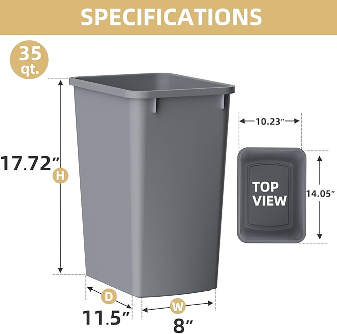 ROOMTEC 35QT Kitchen Trash Can, Lightweight and Sturdy Slim Trash Can, - Image 5